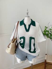 Comfortcana Plus Size Women Casual Openwork Knit Short Sleeve Top,Holiday Outfits,Summer,Going Out Tops, Vintage Tops Women, Preppy Tops,Beach,Vacation,Green And White,European Summer,Streetwear,Graphic Tees