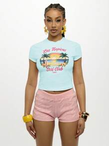 SUMWON WOMEN Las Tropicas Surf Club 婴儿 T 恤复古海滩图案夏季短款上衣复古海岸印花度假装 - 藍色 - 查看 1