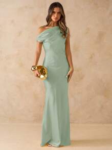 SHEIN BAE 性感简约纯黄色缎面不对称单肩镂空后背吊带连衣裙，适合派对、鸡尾酒会、正式场合、伴娘、生日派对、春夏季 - 薄荷綠 - 查看 4