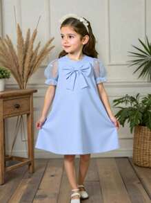 女童优雅圆领心形网眼泡泡袖蝴蝶结前部休闲时尚连衣裙，适合度假、旅行和生日礼物，夏季 - 淺藍色 - 查看 8