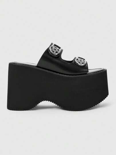 Grunge Punk Women's Super High Heel Thick Sole Fashion Sandals, Round Star Hollow Out Single Strap Open Toe Slides