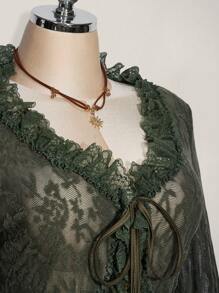 SHEIN ICON 加大码军绿色喇叭袖口蕾丝拼接前系带蝴蝶结 V 领毛衣上衣，适合暑假、毕业季、返校季、音乐节、波西米亚风