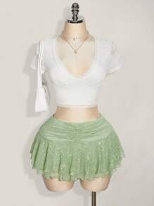 SHEIN ICON Falda midi acampanada de talla grande con cintura alta, en verde claro con parches de encaje, adecuada para el verano y las vacaciones - Verde - Ver 8