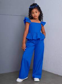 SHEIN Leap Crew 青少年女孩优雅平纹编织盖袖衬衫和裤子套装，休闲日常穿着 - 寶藍色 - 查看 4