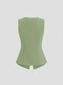 Sweetra Áo khoác mỏng không tay cỡ lớn, thường ngày/công sở, cài nút vàng phía trước, mùa xuân/hè - Màu xanh Bạc hà - Xem 2