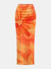 SHEIN Girlism Tween Girl Fitted Casual Comfortable Tie-Dye Floral Tube Top And Bodycon Mini Skirt Suit