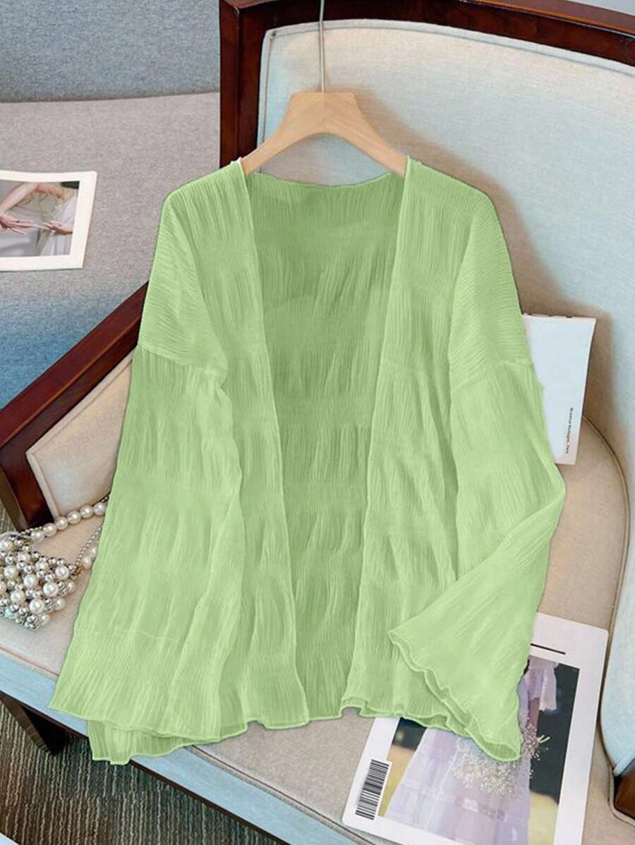 SHEIN Áo khoác cardigan mỏng xếp ly kiểu Pháp nhẹ mới dành cho nữ, tôn dáng - Màu xanh Bạc hà - Xem 1