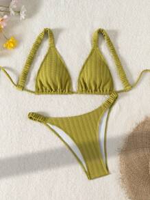 Swim Mod Conjunto de dos piezas con textura lisa, con relleno desmontable y fruncido, ideal para vacaciones de primavera - Verde - Ver 4
