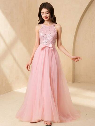 SHEIN Wedding Bridesmaid Sequin & Mesh Patchwork A-Line Long Dress, Ideal For Teenage Girls, Prom, Birthday Party, Performance