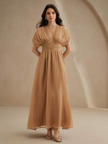 Anewsta 女式 V 领荷叶边肩袖收腰连衣裙，海滩度假装，春夏 - 摩卡棕 - 查看 4