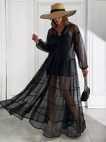 RueChic Robe texturée transparente, motif nid d'abeille, devant boutonnage, style manches longues, détail de jupe à volants, tissu semi-transparent, collection du soir, matériau de qualité supérieure, design pour porter en soirée, coupe moderne, mode romantique, parfait pour les événements du soir, look élégant, mode contemporaine, pièce phare, article de mode, tenue de soirée de luxe, indispensable saisonnier, style pour occasions spéciales, design sophistiqué