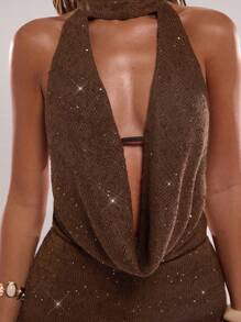 SHEIN BAE 女式垂坠领亮片针织无袖连体裤，优雅连体裤，棕色连体裤，派对连体裤 - 棕色 - 查看 7