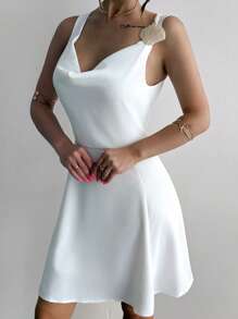 Firerie Damen Sommer Elegant Urlaub Strand Kurzes Kleid, Weißes Lässiges Pendelkleid mit Metall Deko Schulter A-Linie - Weiss - Übersicht 7