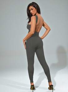 Denimoi 纯色性感露背颈链连体裤 - 灰色 - 查看 4