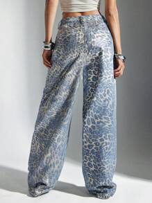 Denimoi Leopard Foil Print Low Rise Baggy Jeans - Multicolor - View 5