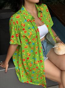 Flirla Plus Size Women's Tropical Print Green Flap Detail Short Sleeve Button Up Shirt - Green - View 3