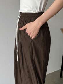 FRIFUL Women's Casual Solid Color Drawstring Waist Straight Leg Pants - Brown - View 5