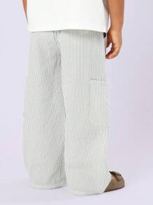 SUMWON 儿童条纹棉质抽绳裤 夏季休闲沙滩阔腿裤 舒适套穿裤脚带口袋 度假装 - 綠色 - 查看 2
