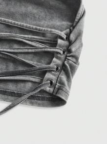 ROMWE Grunge Punk Spring/Summer Carnival Punk Apocalyptic Music Festival Hooded Open Back Drawstring Design Fitted Cropped Women Tank Top - Light Grey - View 3