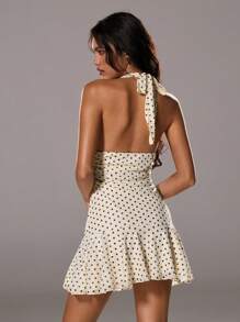 TRNVIE White Mini Polka Dot V-Neck Halter Summer Dress For Women, Elegant & Fashionable - White - View 2