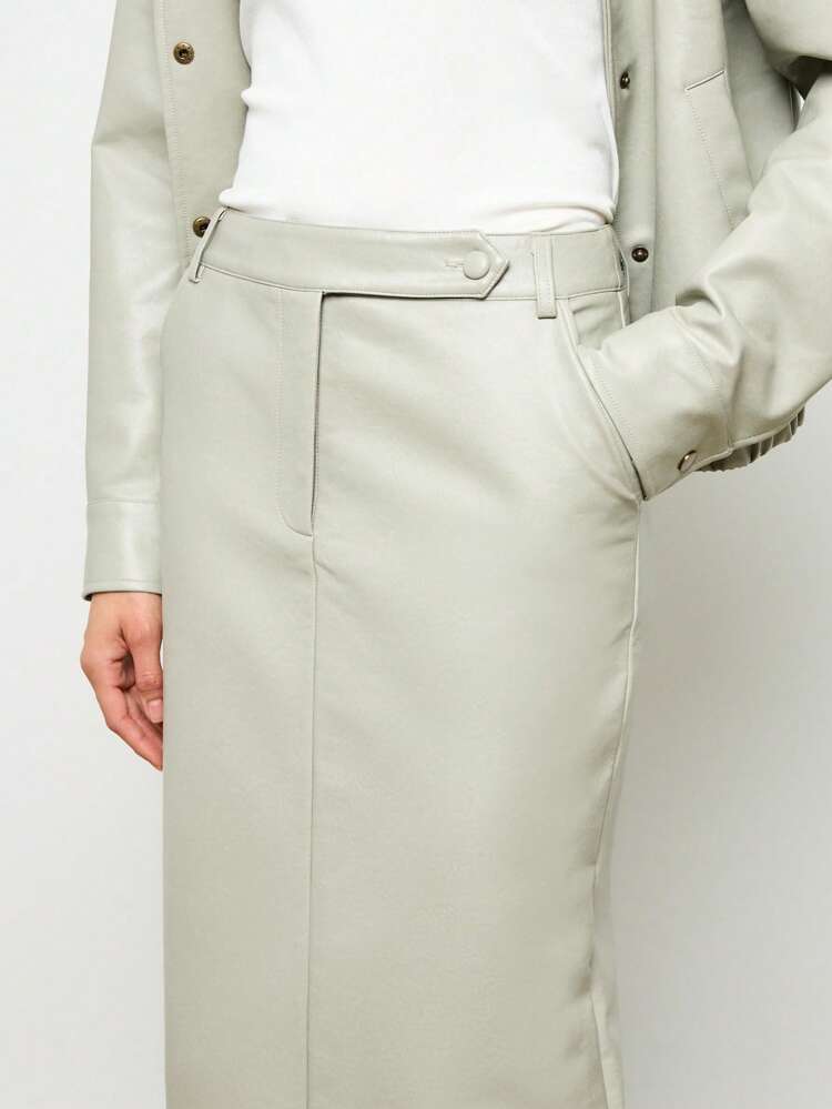 Women Faux Leather Maxi Column Skirt With Back Split