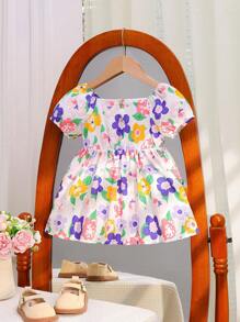 Baby Girl White Floral Ruffle Dress,Square Neckline & Puff Sleeves,Sweet Boho Summer Holiday Vacation Countryside Style For Spring Casual Picnics - Multicolor - View 7