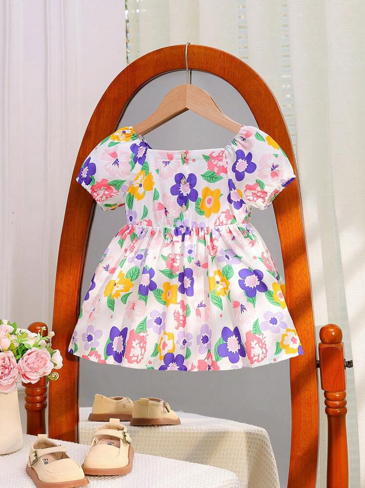 Baby Girl White Floral Ruffle Dress,Square Neckline & Puff Sleeves,Sweet Boho Summer Holiday Vacation Countryside Style For Spring Casual Picnics - Multicolor - View 7