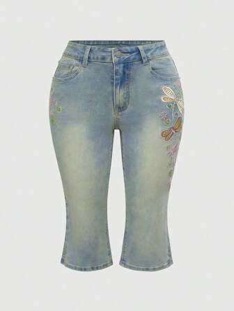 Fairycore Jeans capri femme Y2K d'été rétro avec papillons, broderie de sequins