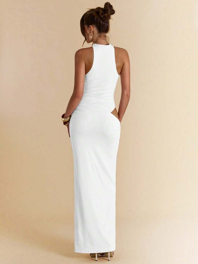 SHEIN BAE שמלת מיני אסימטרית ללא שרוולים בצבע אפרסק, גזרה חלקה, שמלת מקסי אלגנטית לחופשה, חוף, אורחי חתונה - לבן - ראה 2