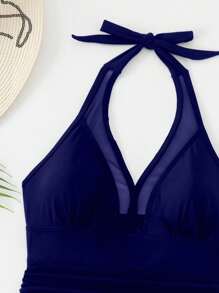 Swim Lushoire Women's Sexy Vacation Casual Party Beach Solid Black Wireless Textured Fabric One-Piece Swimsuit For Summer - Navy Blue - View 7