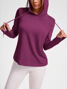 SHEIN Cheerettes 纯色连帽套头休闲长袖运动衫 - 紫色 - 查看 5