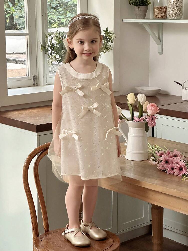Young Girl Solid Color Sequined Mesh Round Neck Sleeveless Dress - Apricot - View 5
