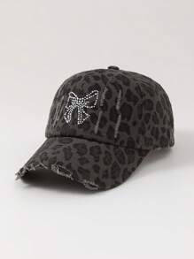 ROMWE Grunge Punk 1pc Women's Bowknot Leopard Print Rhinestone Studded Baseball Cap - Black - View 3