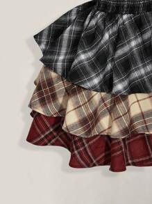 SHEIN ICON 加大码 V 领撞色格子褶饰分层中长连衣裙，Y2K 撞色格纹印花连衣裙 - 彩色 - 查看 5