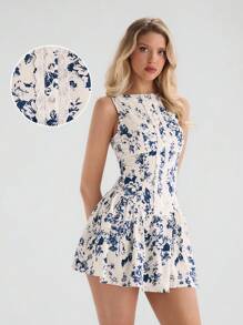 Glamine Apricot Floral Retro Preppy Elegant Sleeveless Woven Button Lace Hem A-Line Mini Dress Princess Dress, Blue Floral Print, Suitable For Spring/Summer - Navy Blue - View 3