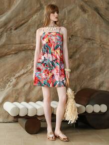 Chiquease Vestido corto casual de mujer con estampado de plantas tropicales, atuendos de verano y vacaciones, atuendos de playa para mujer, atuendos de Hawái para mujer, vestidos de playa, vestido floral para mujer, estampado de océano, vestidos de verano para mujer, ropa bohemia para mujer, atuendos de vacaciones en la playa - Rojo - Ver 5