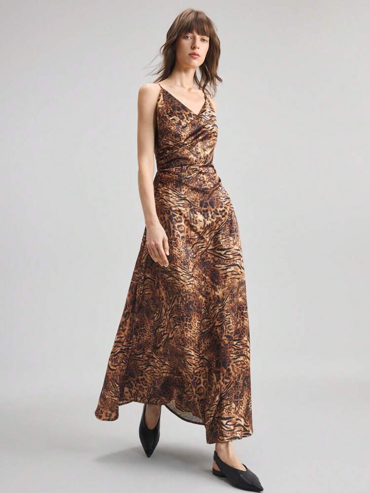 Women's Teacher Uniform, 4th Of July Inspired, Urban Chic, Animal Print, Abstract Print, Leopard Print, Brown, Satin Material, Women Long Maxi Dress, Sleeveless Dress, Commuter Wear, Summer Clothing, Casual Wear, 2025 New Arrival