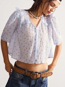 Bohemela 休闲印花彼得潘领宽松短袖女式衬衫 - 彩色 - 查看 3