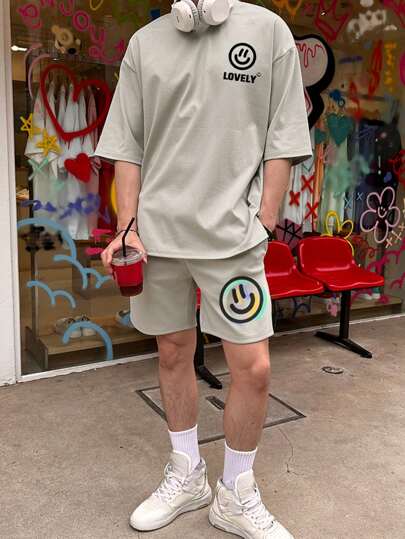 DAZY Grey Men's 2-Piece Suit With Graphic Smiling Face Print, Summer, Streetwear
