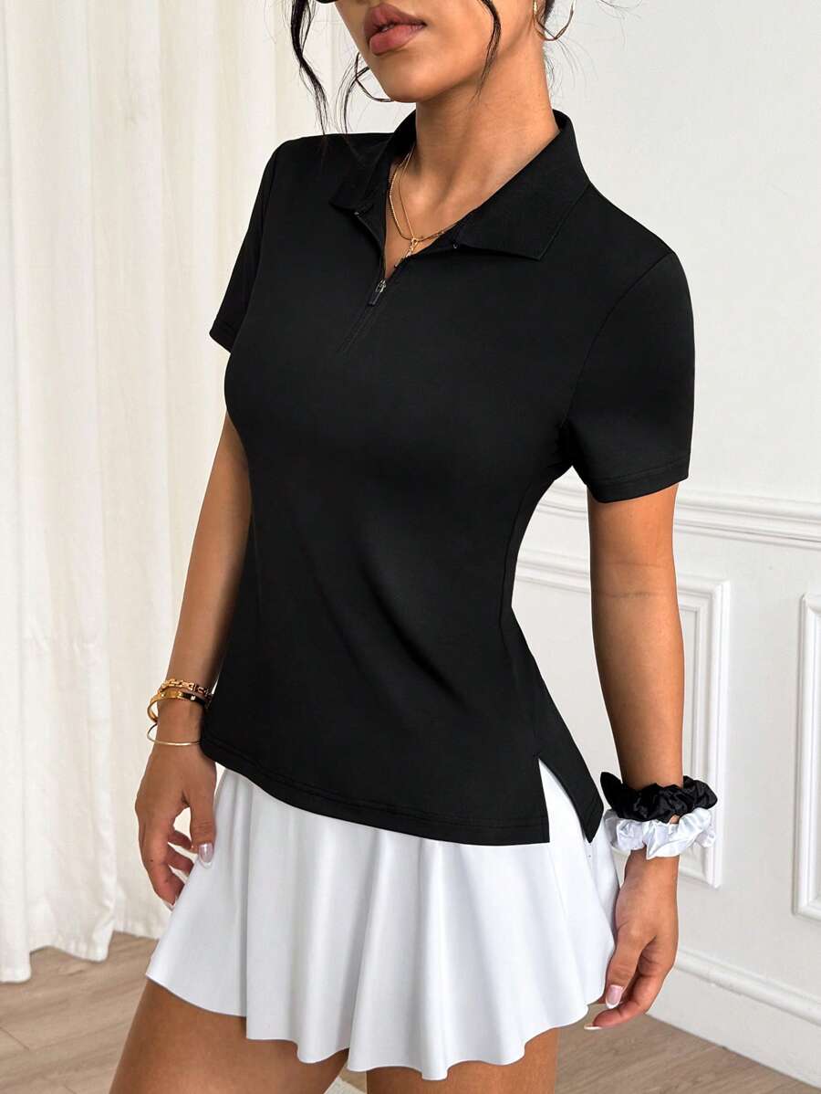 Easithlete Solid Color Short Sleeve Casual Sport Polo Shirt, Versatile For Summer - Black - View 1