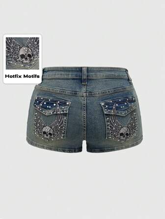 Grunge Punk Pantalones cortos vaqueros de talla grande para mujer con decoración de alas de esqueleto, bordado y cristales, estilo punk