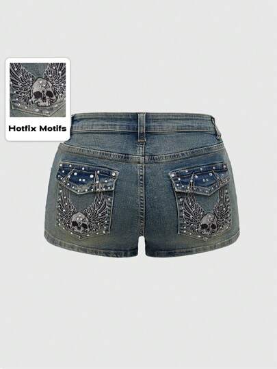 Grunge Punk Short en jean pour femmes grandes tailles, style punk avec ailes de squelette brodées et décorées de strass