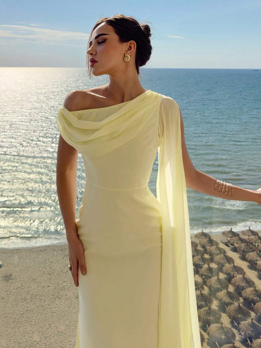 Aloruh Đầm cổ lệch màu thanh lịch cho nữ - Vàng nhạt - Xem 1