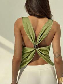 Aloruh Damen Ärmellose Bluse aus Satin mit rundem Ausschnitt und offenem Rücken, Einfarbig, elegant