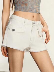 Rina Fox Women's Plain Frayed Hem Casual Denim Shorts For Summer - Apricot - View 4