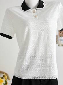 SHEIN LUNE 2pcs/Set Women Color Block Short Sleeve Top And Solid Color Shorts - Black and White - View 5