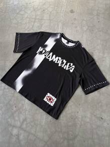 Manfinity EMRG 男士夏季街头风格黑白大数字图案 T 恤，前卫设计男士男士 T 恤短款男士街头潮流衬衫 - 黑色 - 查看 6