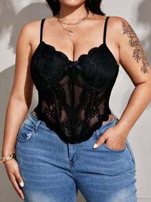 Viva Relle Sexy Plus Size Underwire Fishbone Lace Mesh Patchwork Bow Camisole For Daily WearValentine's Day - Black - View 1