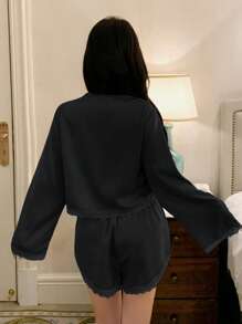 DAZY 2pcs Women Lace Satin Tie-Front Top And Super Shorts Pajama Sleepwear Set, Fall Winter Clothes