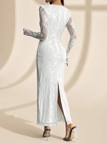 SHEIN PETITE 女式新款夏季派对约会晚会性感S型蕾丝长袖抹胸鱼骨方领紧身裹臀黑色长裙 - 白色 - 查看 2